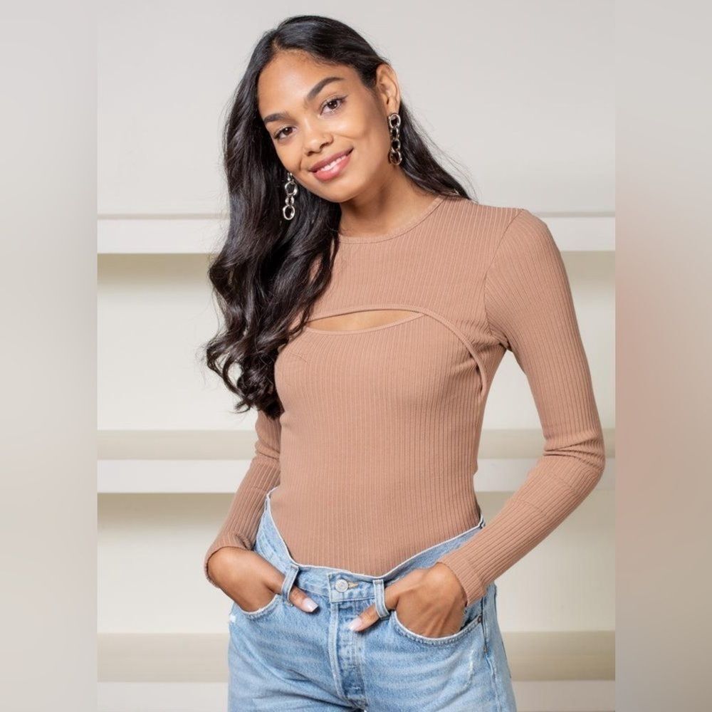 AGOLDE Lyza Ribbed Stretch Cut Out Top in Tan Medium Excellent Condition